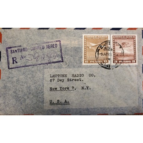 J) 1956 CHILE, AIRPLANE, REGISTERED, AIRMAIL, CIRCULATED COVER, FROM SANTIAGO TO NEW YORK
