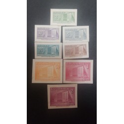 J) 1952 COLOMBIA, AMERICAN BANK NOTE, DIE PROOF, COMMUNICATIONS BUILDING, SET OF 8, IMPERFORATED