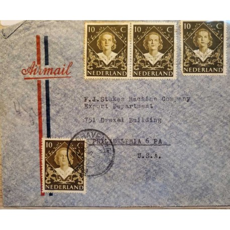 I) 1948 NEDERLAND, INVESTITURE OF QUEEN JULIANA, SET OF 4, DARK BROWN, CIRCULATED COVER FROM NEDERLANDS TO PHILADELPHIA, USA