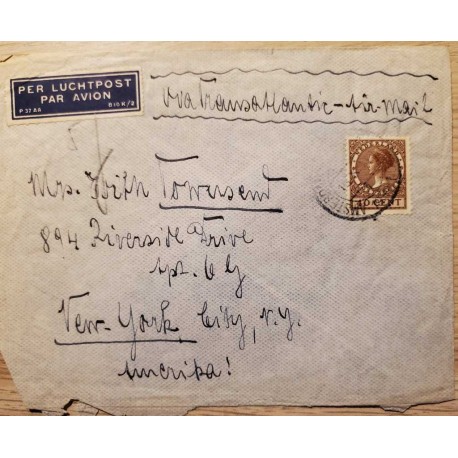 I) 1926 NEDERLAND, QUEEN WILHELMINA, DEEP BROWN, AIR MAIL, CIRCULATED COVER FROM NEDERLANDS TO NEW YORK, USA, BLACK CANCELLATION