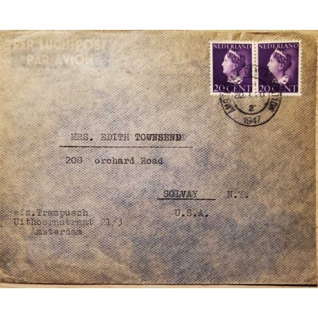 I) 1947 NEDERLAND, QUEEN WILHELMINA, PURPLE, AIR MAIL, CIRCULATED COVER FROM AMSTERDAM TO SOLVAY, NEW YORK, USA