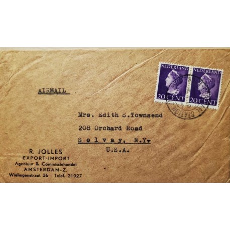 ​I) 1947 NEDERLAND, QUEEN WILHELMINA, SET OF 2, PURPLE STAMP, CIRCULATED COVER FROM NEDERLANDS TO SOLVAY NEW YORK