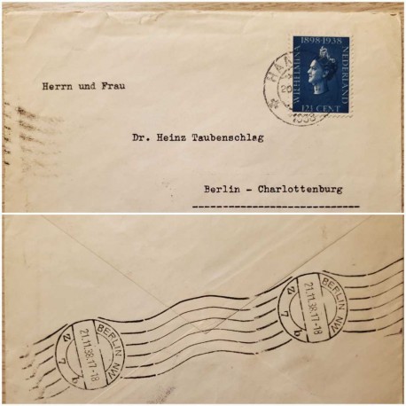 I) 1938 NEDERLAND, REIGN OF QUEEN WILHELMINA, 40TH ANNIV, CIRCULATE COVER FROM NEDERLAND TO BERLIN, BLACK CANCELLATION