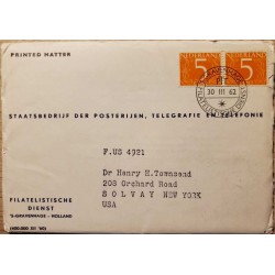 I) 1962 NEDERLAND, ORANGE STAMP, SET OF 2, CIRCULATED COVER FROM NEDERLAND TO SOLVAY, NEW YORK, BLACK CANCELLATION