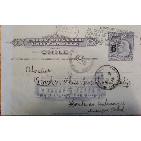 J) 1911 CHILE, COLON, 6 CENTS BLUE, POSTCARD, POSTAL STATIONARY, WITH SLOGAN CANCELLATION, FROM SANTIAGO TO HONDURAS