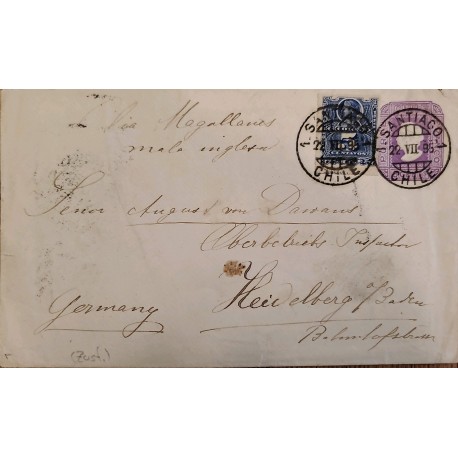 J) 1895 CHILE, COLUMBUS, POSTAL STATIONARY, CIRCUATED COVER, FROM SANTIAGO TO GERMANY