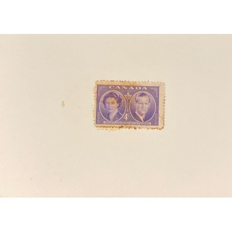 J) 1951 CANADA, DIE SUNKEN CARDBOARD, AMERICAN BANK NOTE, PRINCESS ELIZABETH AND DUKE OF EDINBURGH, 4 CENTS PURPLE