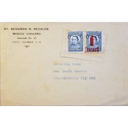 L) 1924 COLOMBIA, SANTANDER, 4 CENTAVOS, BLUE, CIRCULATED COVER IN COLOMBIA, OVER PRINT 1 CENTAVO IN RED