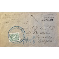 L) 1922 COLOMBIA, PROVICIONAL, GREEN, NUMBER, 1 CENTAVO, CIRCULATED COVER FROM COLOMBIA TO BELGIUM