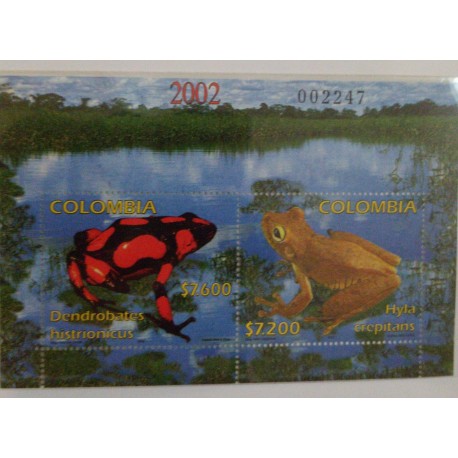 A) 2002, COLOMBIA, AMPHIBIANS, MINISHEET, HARLEQUIN FROG, CANTORA FROG, THOMAS GERG & SONS