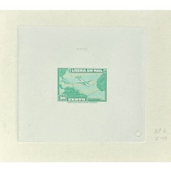 J) 1944 LIBERIA, DIE SUNKEN CARDBOARD, AMERICAN BANK NOTE, IMPERFORATED, PLANE AND MAP, 30 CENTS GREEN