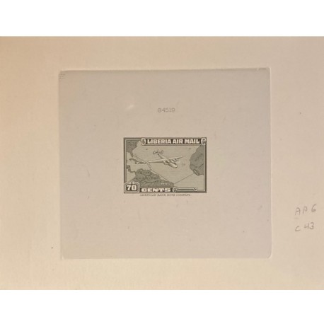 J) 1944 LIBERIA, DIE SUNKEN CARDBOARD, AMERICAN BANK NOTE, IMPERFORATED, PLANE AND MAP, 70 CENTS GREEN