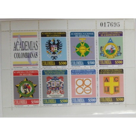 A) 1998, COLOMBIA, MINISHEET, SHIELDS OF THE DIFFERENT COLOMBIAN ACADEMIES