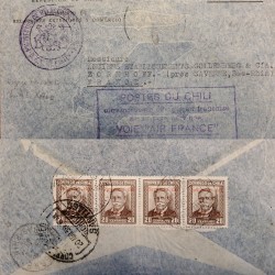 J) 1938 CHILE, PURPLE CANCELLATION FRANCE, STATE SERVICE, MANUEL BULNES, MULTIPLE STAMPS, AIRMAIL