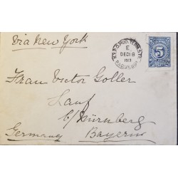L) 1913 COLOMBIA, VIA NEW YORK, 5C, BLUE, NUMBER, NUMERAL, CIRCULATED COVER FROM COLOMBIA TO GERMANY