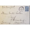 L) 1913 COLOMBIA, VIA NEW YORK, 5C, BLUE, NUMBER, NUMERAL, CIRCULATED COVER FROM COLOMBIA TO GERMANY