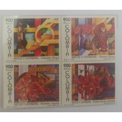 A) 1996, COLOMBIA, MYTHS AND LEGENDS, AERIAL, KOGUI CREATION, YONNA WAYUU, THE JAGUAR MAN, THE LORD OF THE ANIMALS, BLOCK OF 4