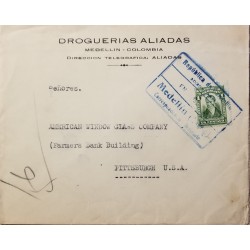 L) 1931 COLOMBIA, CAMILO TORRES, GREEN, 1C, CANCELATION SELLO BLUE, MEDELLIN, CIRCULATED COVER FROM COLOMBIA TO USA