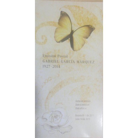 A) 2015, COLOMBIA, NOBEL OF LITERATURE GABRIEL GARCIA MÁRQUEZ, POSTAL ISSUE, FIRST DAY BULLETIN