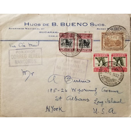 L) 1932 COLOMBIA, CATTLE RAISING,BANANA, SOFT COFFEE, PLATANTION, PEOPLE, TREE, NATURE, AIRMAIL, MANCOMUN, CIRCULATED COVER