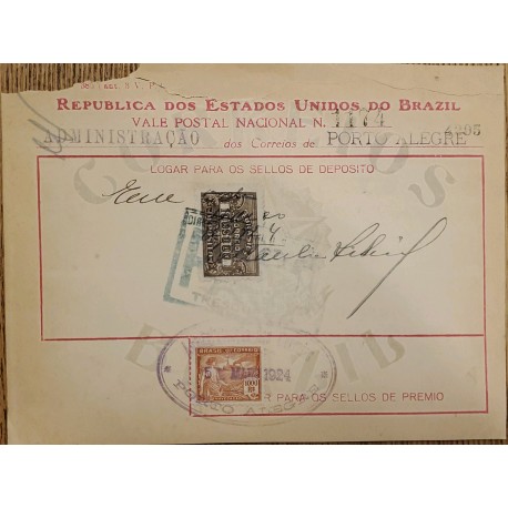 A) 1924, BRAZIL, NATIONAL POSTCARD, REVENUE STAMP, PORTO ALEGRE POST ADMINISTRATION