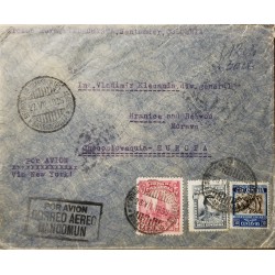 L) 1935 COLOMBIA, CORDOBA, 10C, PETROLEUM, 2C, RED, COFFEE, TREE, 30C, AIRMAIL, COVER FROM COLOMBIA TO CZECHOSLOVAKIA