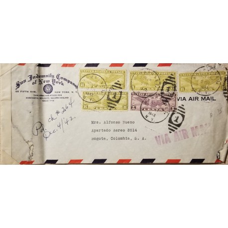 L) 1942 UNITED STATES, U.S AIR MAIL, WORLD, 8C, YELLOW, 5C, PURPLE, AIRMAIL, CIRCULATED COVER FROM COLOMBIA TO USA