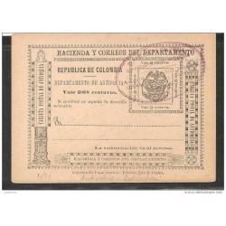 O) 1896 APROX. COLOMBIA, COAT OF ARMAS, FINANCE AND DEPARTMENT POST-ANTIOQUIA, POSTAL CARD XF