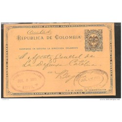 O) 1891 COLOMBIA, POSTAL CARD, COAT OF ARMS 2 CENTAVOS, FORM NEIVA TO BOGOTA, XF