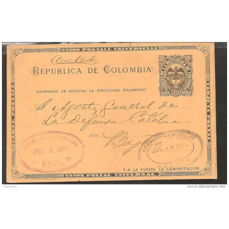 O) 1891 COLOMBIA, POSTAL CARD, COAT OF ARMS 2 CENTAVOS, FORM NEIVA TO BOGOTA, XF