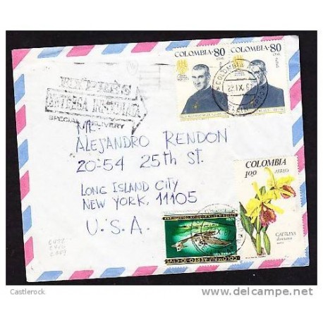 A)CIRCULATED COVER MEDELLIN, COLOMBIA TO NEW YORK, ORCHIDS,AIRPLANE, RELIGIOUS PAIR STAMPS, EXPRESS ENTREGA INMEDIATA