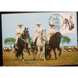 A) 1974, PERU, HORSES, COSTUMES AND TYPICAL DANCES, FDC
