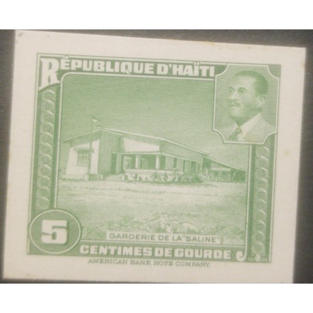 L) 1951 HAITI,ABN DIE PROOFS, AMERICAN BANK NOTE, "SALINE" DAYCARE, GREEN, ARCHITECTURE, PRESIDENT MAGLOIRE, 5C, XF