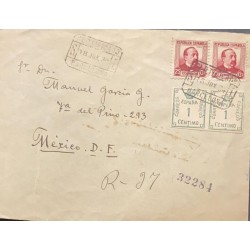 L) 1934 SPAIN, R-ZORRILLA, 25 CTS, NUMBER, 1 CENTIMO, BLUE, CIRCULATED COVER FROM SPAIN TO MEXICO