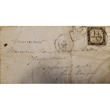 J) 1857 FRANCE POSTAGE DUE, NUMERAL, 5 CENTS, BLACK NOX CANCELLATION, CIRCULATED COVER, FROM FRANCE, XF