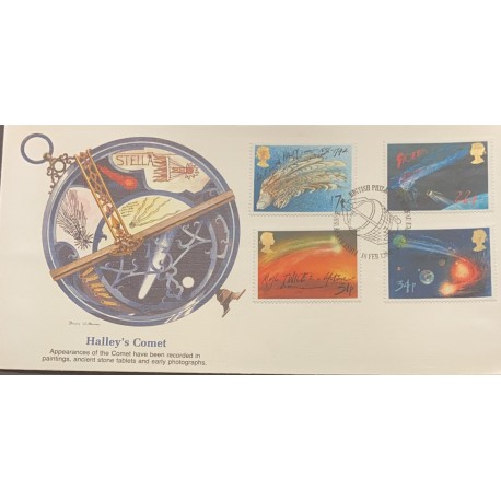 L) 1986 GREAT BRITAIN, HALLEY'S COMET, SPACE, ASTRONOMY, SCIENCE, MULTIPLE STAMPS, FDC