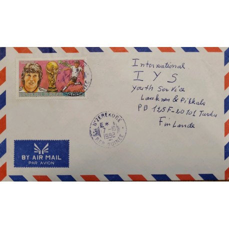 J) 1992 REPUBLIC OF GUINEA, WORLD CUP SOCCER, AIRMAIL, CIRCULATED COVER, FROM GUINEA TO FINLAND