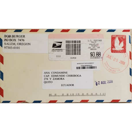 L) 2008 UNITED STATES, FIPEX, 6C, RED, PIGEON, AIRMAIL, CIRCULATED COVER FROM UNITED STATES TO QUITO