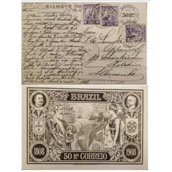 A) 1908, BRAZIL, POSTAL TICKET COMMEMORATIVE OF THE CENTENARY OF THE OPENING OF PORTS, PRINTED ON AMERICAN BANK NOTE