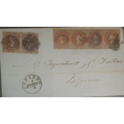 J) 1855 CHILE PERKINS AND BACON 5CTS RED BROWN ON BLUED A SINGLE HORIZONTAL PAIR AND STRIPE OF 3 USED ON 1856 COVER