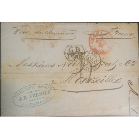 J) 1872 CHILE, VALPARAISO TO FRANCE, BRITISH POST OFFICE IN CALLAO PERU AND LATE REROUTING, XF