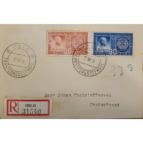 J) 1942 NORGE, DESIGNS OF 1942 AND 1855 STAMPS OF NORWAY, MULTIPLE STAMPS, REGISTERED, CIRCULATED COVER, FROM TVEDESTRAND