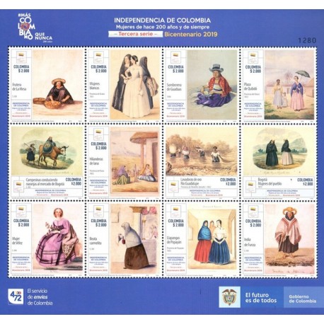 A) 2019, COLOMBIA, INDEPENDENCE OF COLOMBIA, BICENTERNARY, THIRD SERIE, STAMPS