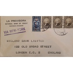 L) 1911 ECUADOR, URVINA, BROWN, 5C, COAT OF ARMS, BLUE, 1C, VIA NEW YORK, TO ENGLAND