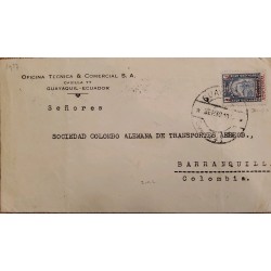 L) 1937 ECUADOR, PATRIOTIC STAMP, SOLDIER, BLUE, ARIPLANE, COAT OF ARMS,5C, MOVILES, CIRCULATED COVER FROM ECUADOR