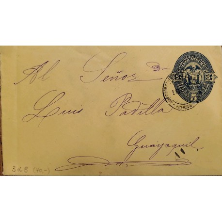 L) 1890 ECUADOR, COAT OF ARMS, BLUE, 5C, EAGLE, CIRCULATED COVER IN ECUADOR, FROM QUITO TO GUAYAQUIL