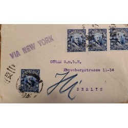 L) 1910 ECUADOR, GARCIA MORENO, PRESIDENT, BLUE, 10C, VIA NEW YORK, PRIVATE WAX SEAL, CIRCULATED COVER FROM ECUADOR TO BERLIN