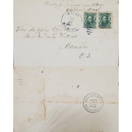 J) 1906 PHILIPPINES, US OCCUPATION ANGAY BULACAN, CIRCULATED COVER, FROM PHILIPINNES TO MAMILA