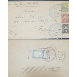 J) 1898 NICARAGUA, POSTAL STATIONARY ENVELOPPE 5 CTS OLIVÉ UPGRADED WITH 2C BLACK 5 OLIVÉ AND 4 RED CIRCULATED