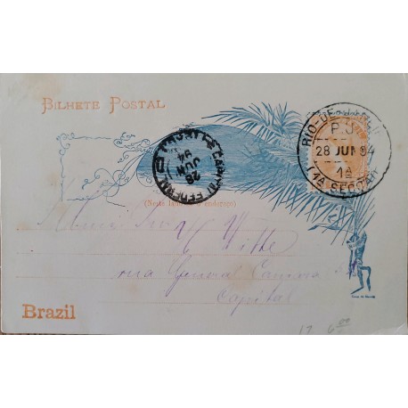 A) 1894, BRAZIL, POSTAL STATIONARY, FROM RIO DE JANEIRO TO FEDERAL CAPITAL - BRASILIA, LIBERTY STAMP